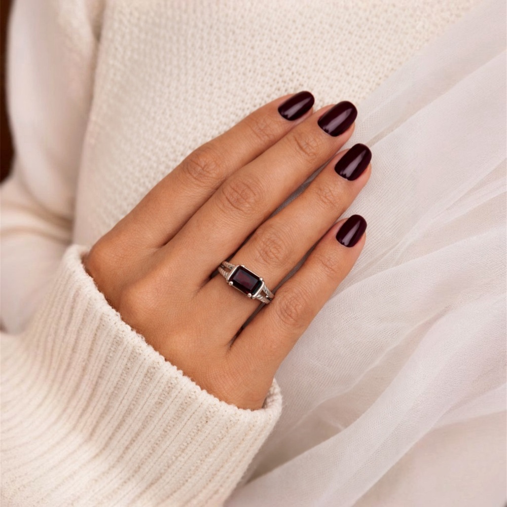 Sterling Silver Garnet Emerald Cut Ring Size 6 | Deep Red Statement Ring 💍